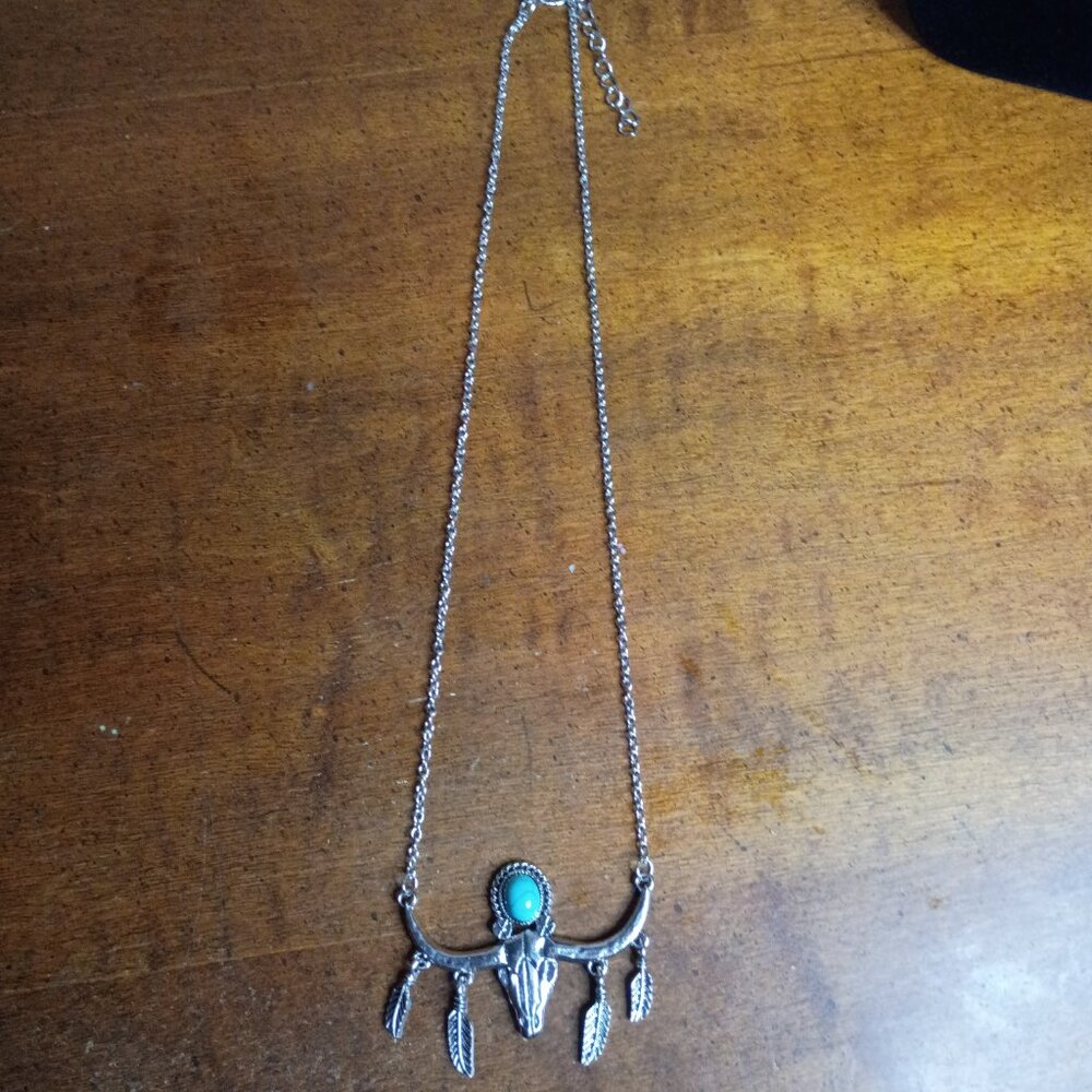 Western Turquoise Steer Skull Necklace Feather Cowgirl Southwestern Pendant - Picture 3 of 4